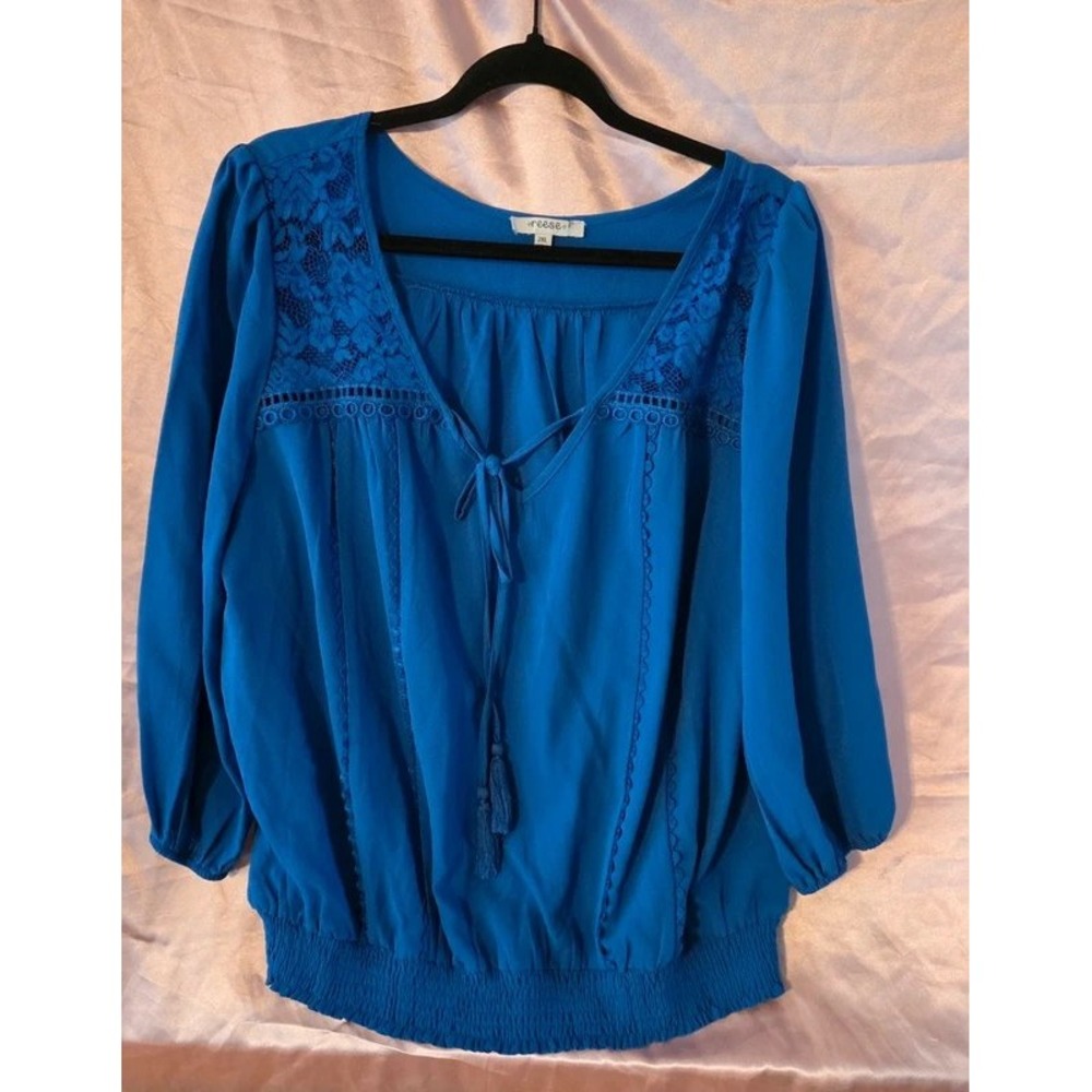 Reese Blue Embroidered Floral Lace Tassel Tie Peasant Blouse Top 2XL